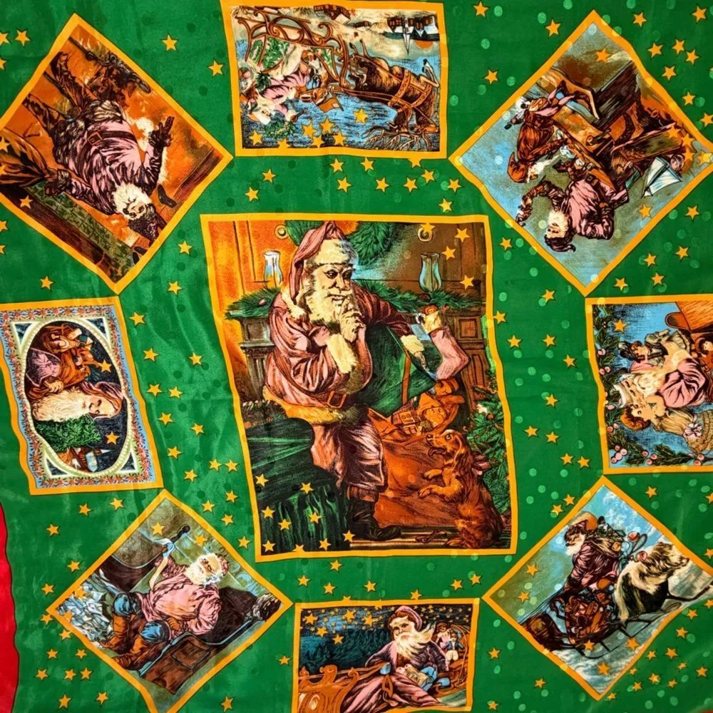 Vintage Santa Christmas Scarf Holiday Print Red Green Square Retro